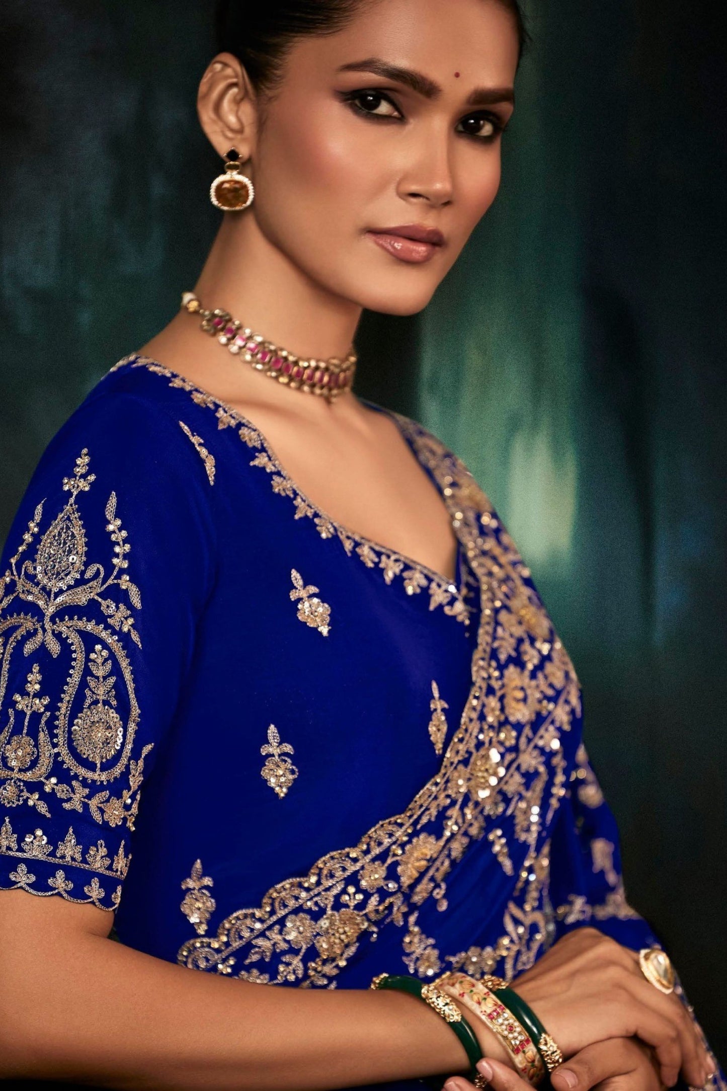 Royal Blue Heavy Embroidered Designer Saree with Blouse