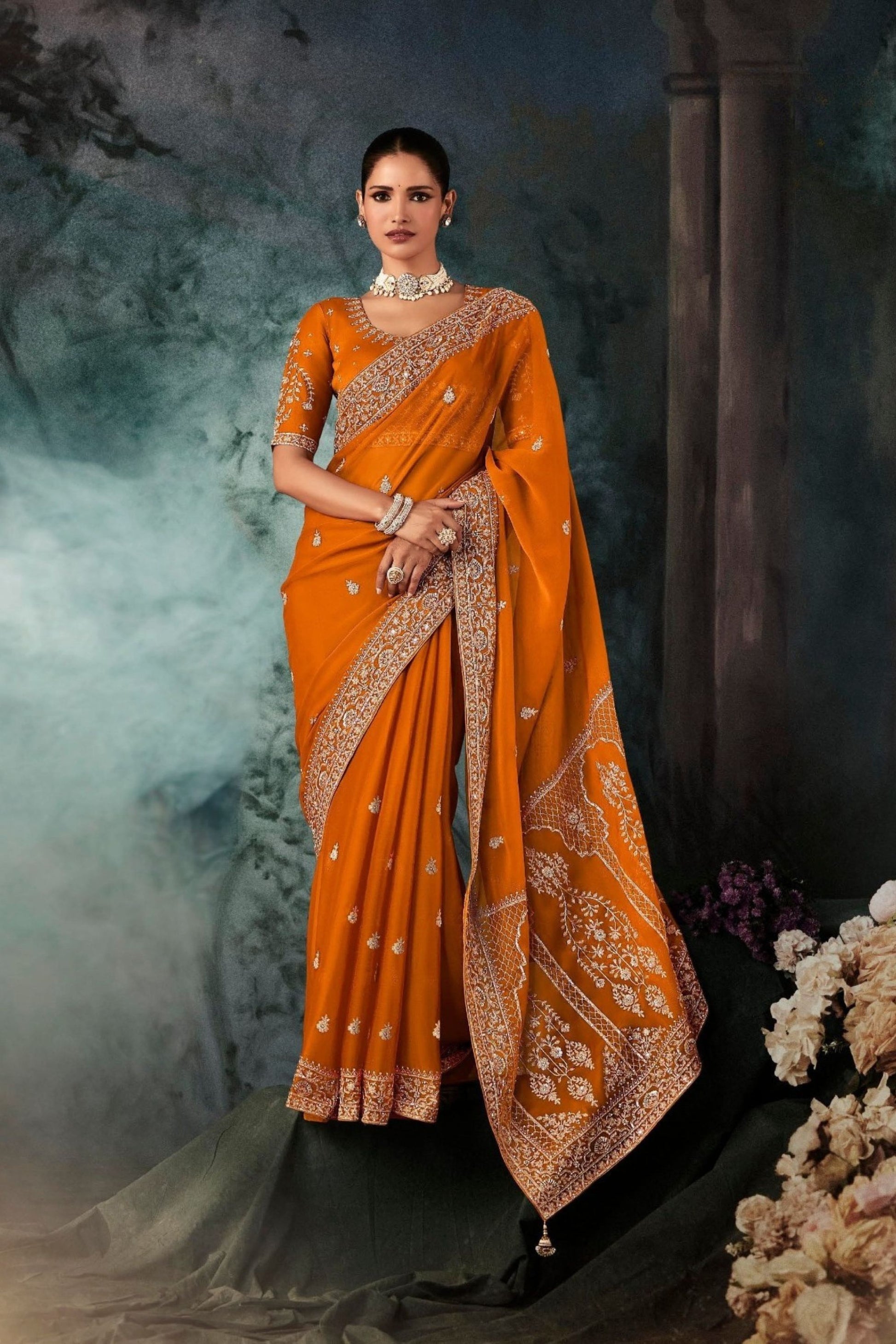 Designer Orange Silk Saree with Heavy Border Matching Blouse 
