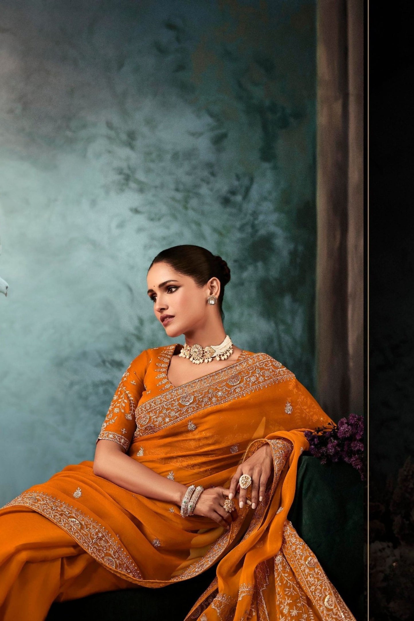 Designer Orange Silk Saree with Heavy Border Matching Blouse