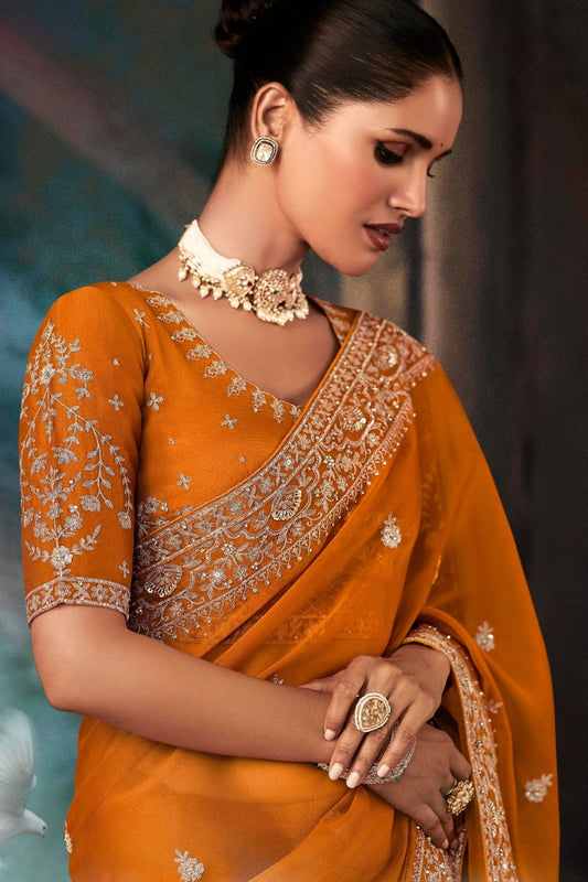 Designer Orange Silk Saree with Heavy Border Matching Blouse