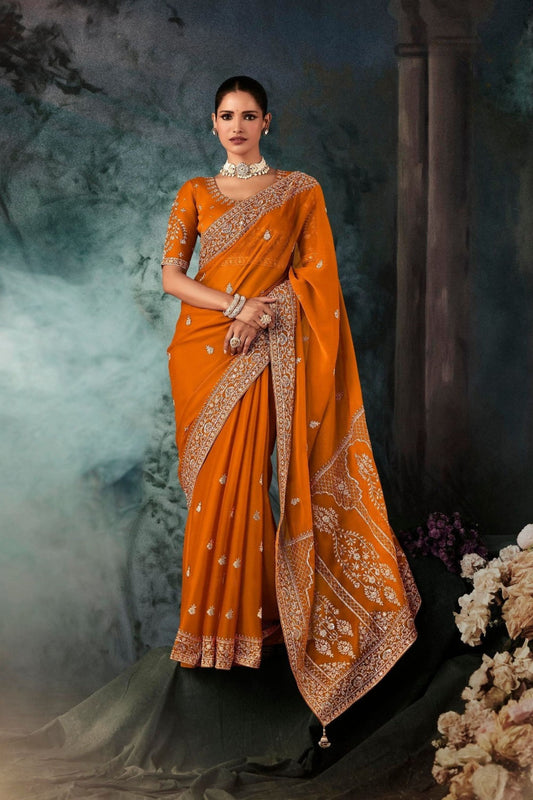 Designer Orange Silk Saree with Heavy Border Matching Blouse 