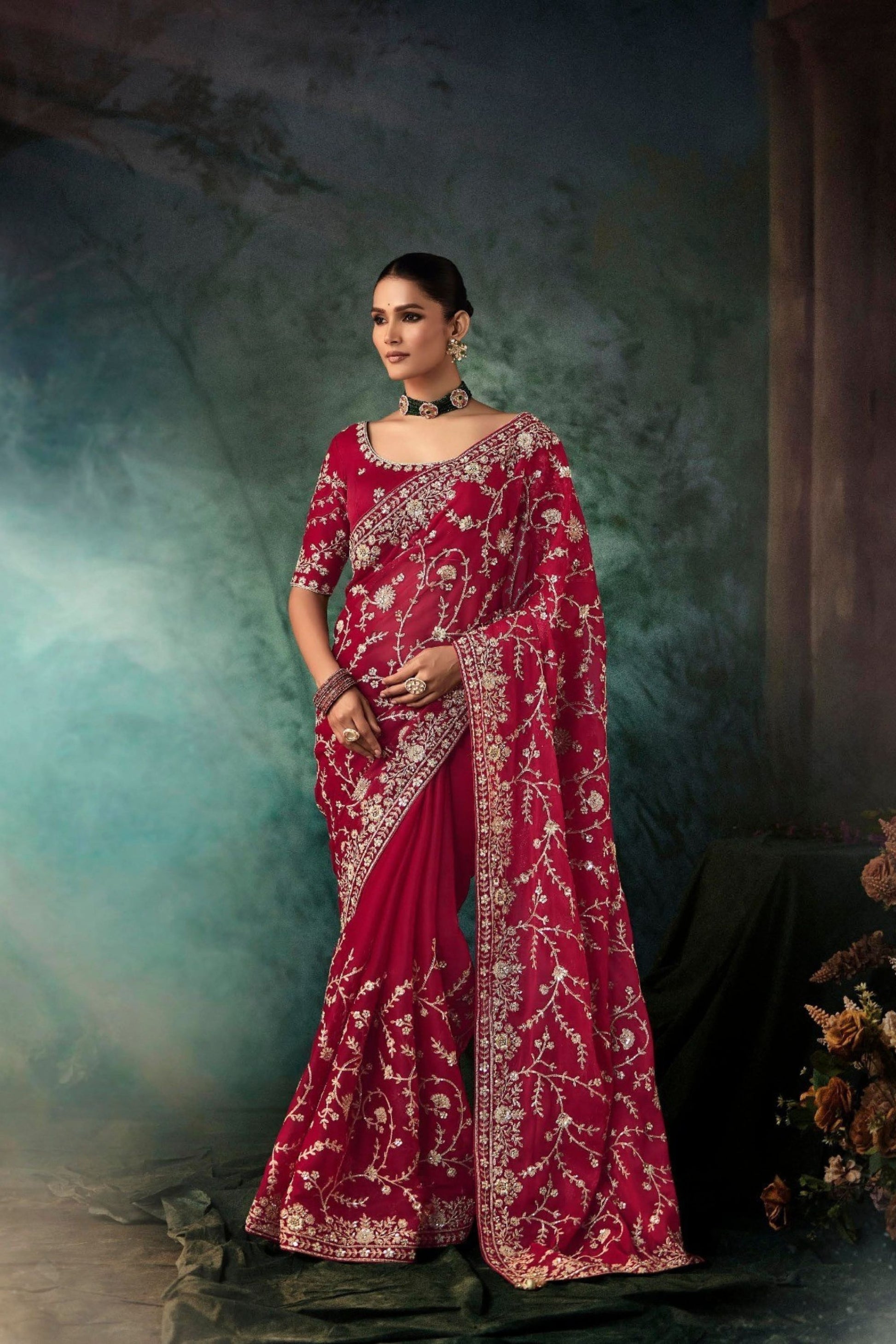 Designer Maroon Embroidered Saree with Heavy Zari Work Matching Blouse