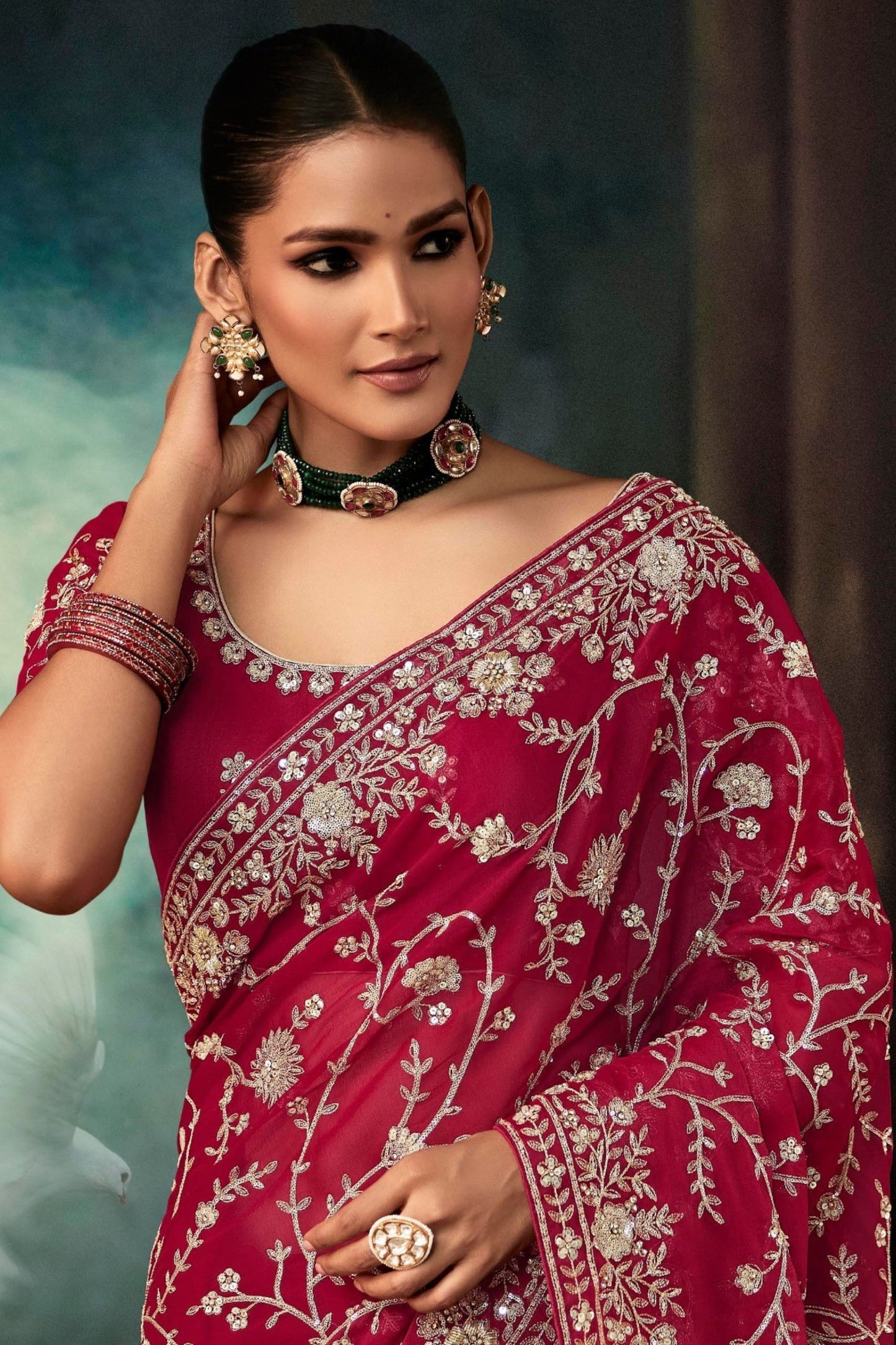 Designer Maroon Embroidered Saree with Heavy Zari Work Matching Blouse