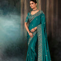 Teal Blue Silk Saree with Heavy Embroidered Border Designer Blouse