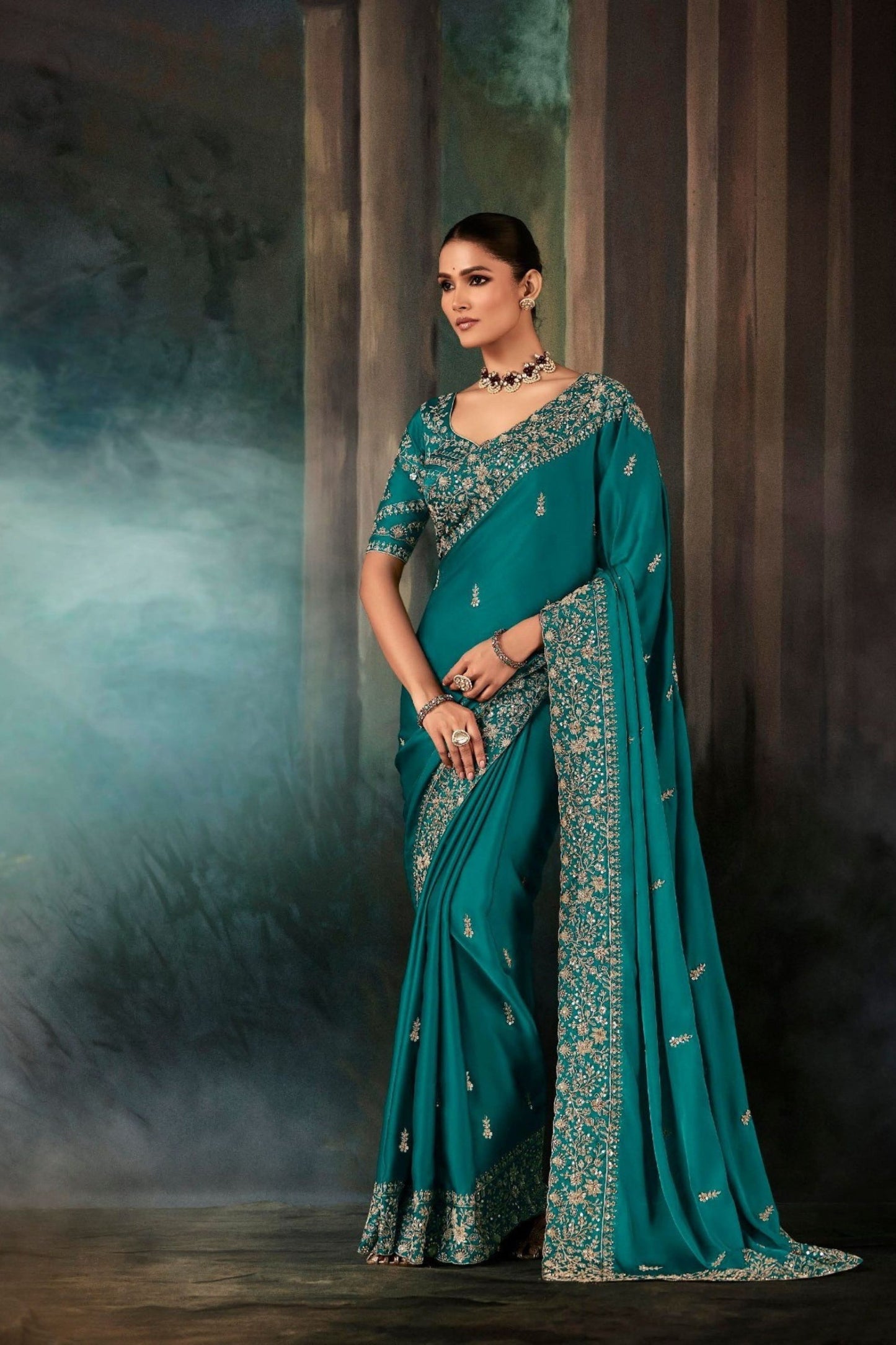 Teal Blue Silk Saree with Heavy Embroidered Border Designer Blouse