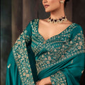 Teal Blue Silk Saree with Heavy Embroidered Border Designer Blouse