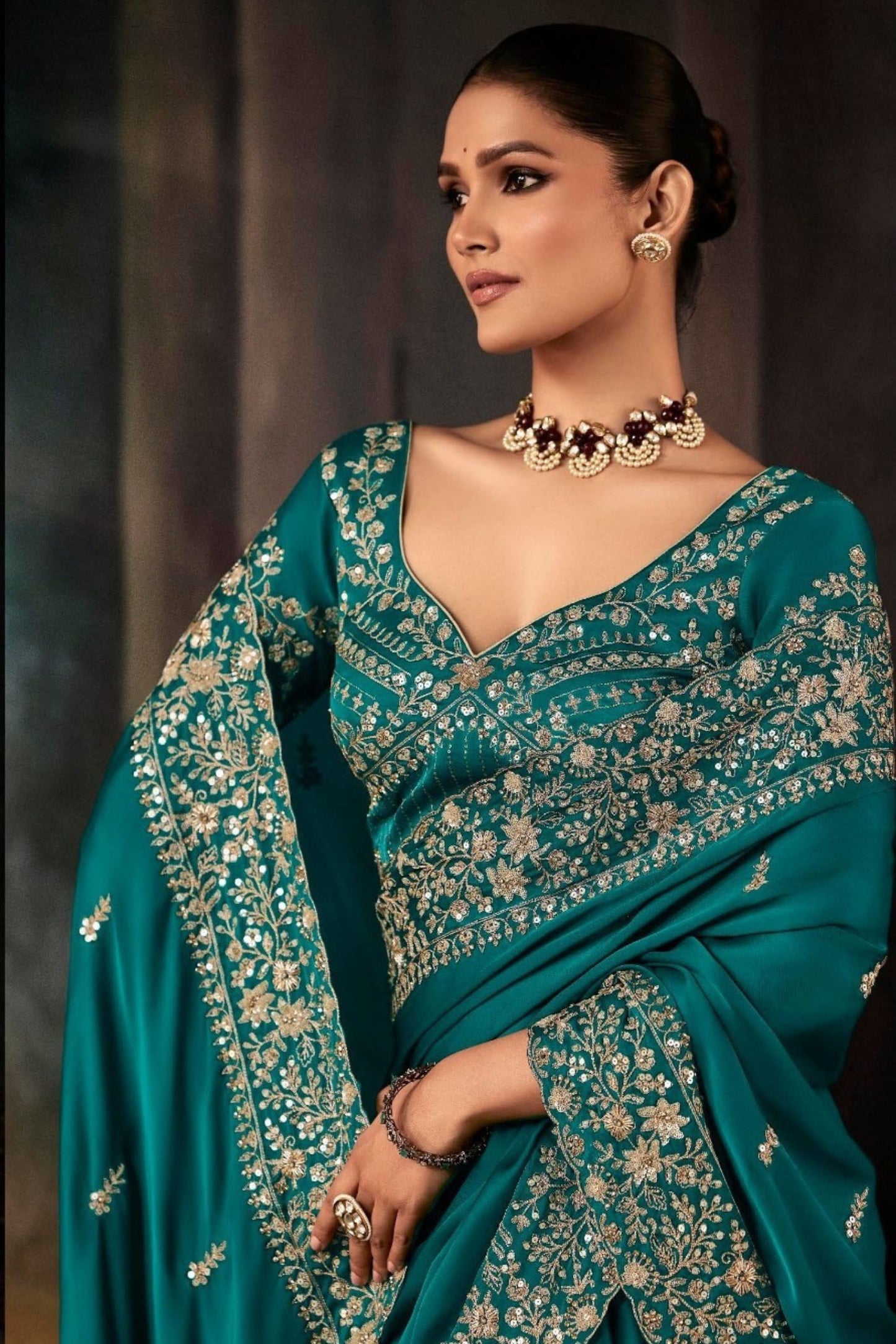 Teal Blue Silk Saree with Heavy Embroidered Border Designer Blouse