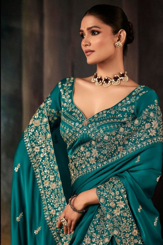 Teal Blue Silk Saree with Heavy Embroidered Border Designer Blouse