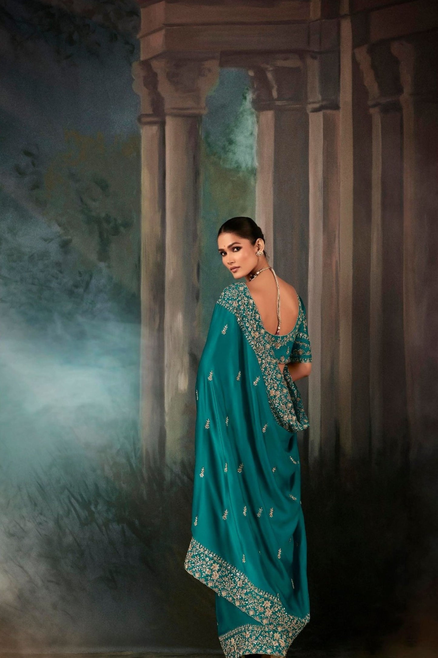 Teal Blue Silk Saree with Heavy Embroidered Border Designer Blouse