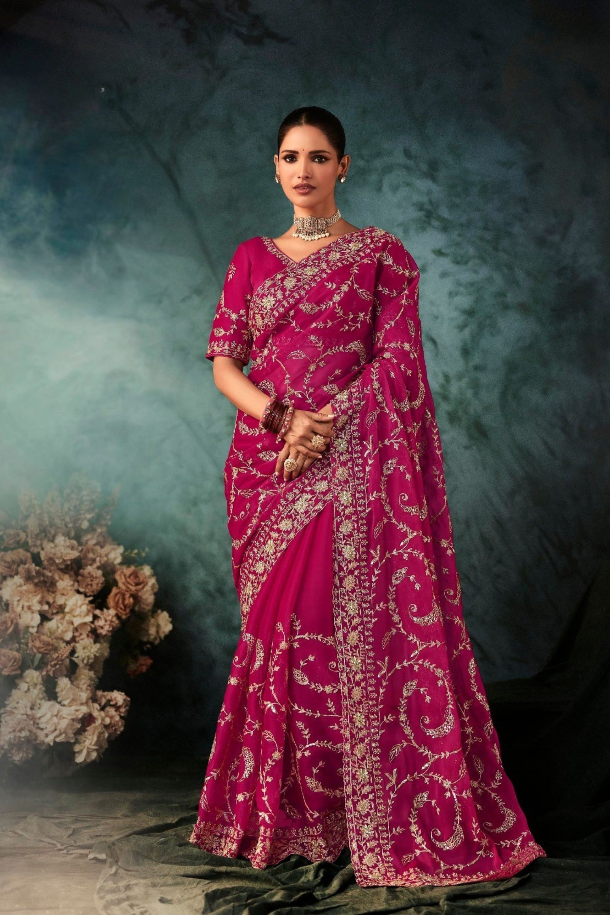 Designer Rani Pink Georgette Saree with Heavy Matching Blouse