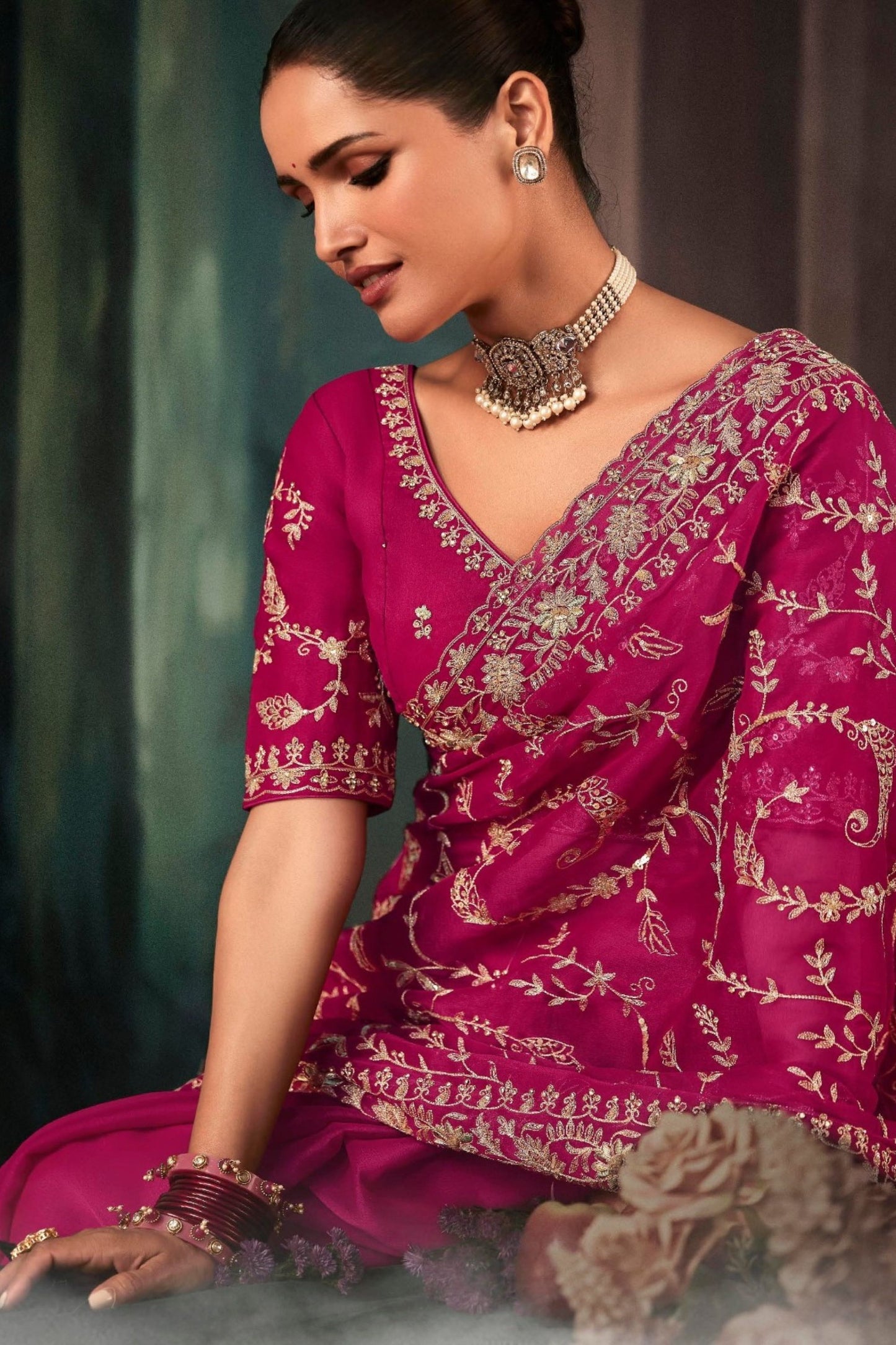 Designer Rani Pink Georgette Saree with Heavy Matching Blouse