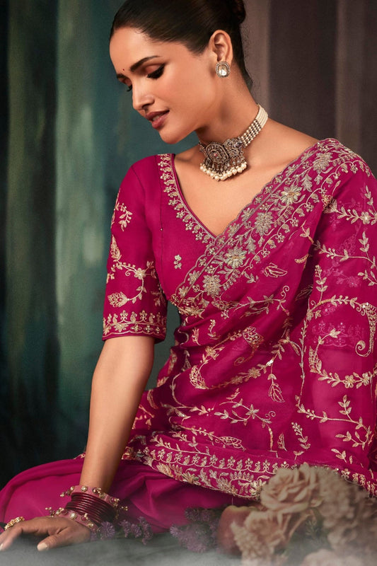 Designer Rani Pink Georgette Saree with Heavy Matching Blouse
