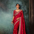 Red Embroidered Designer Saree with Blouse Party Wear Silk Blend Saree