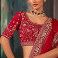Red Embroidered Designer Saree with Blouse Party Wear Silk Blend Saree