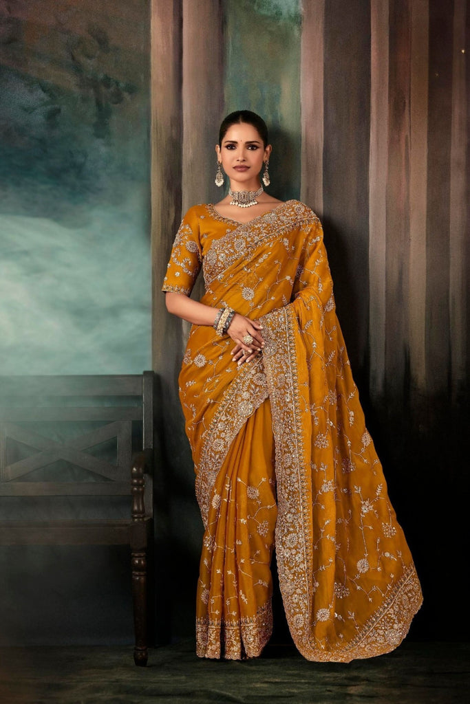Mustard Yellow Heavy Designer Georgette Saree with Matching Blouse 