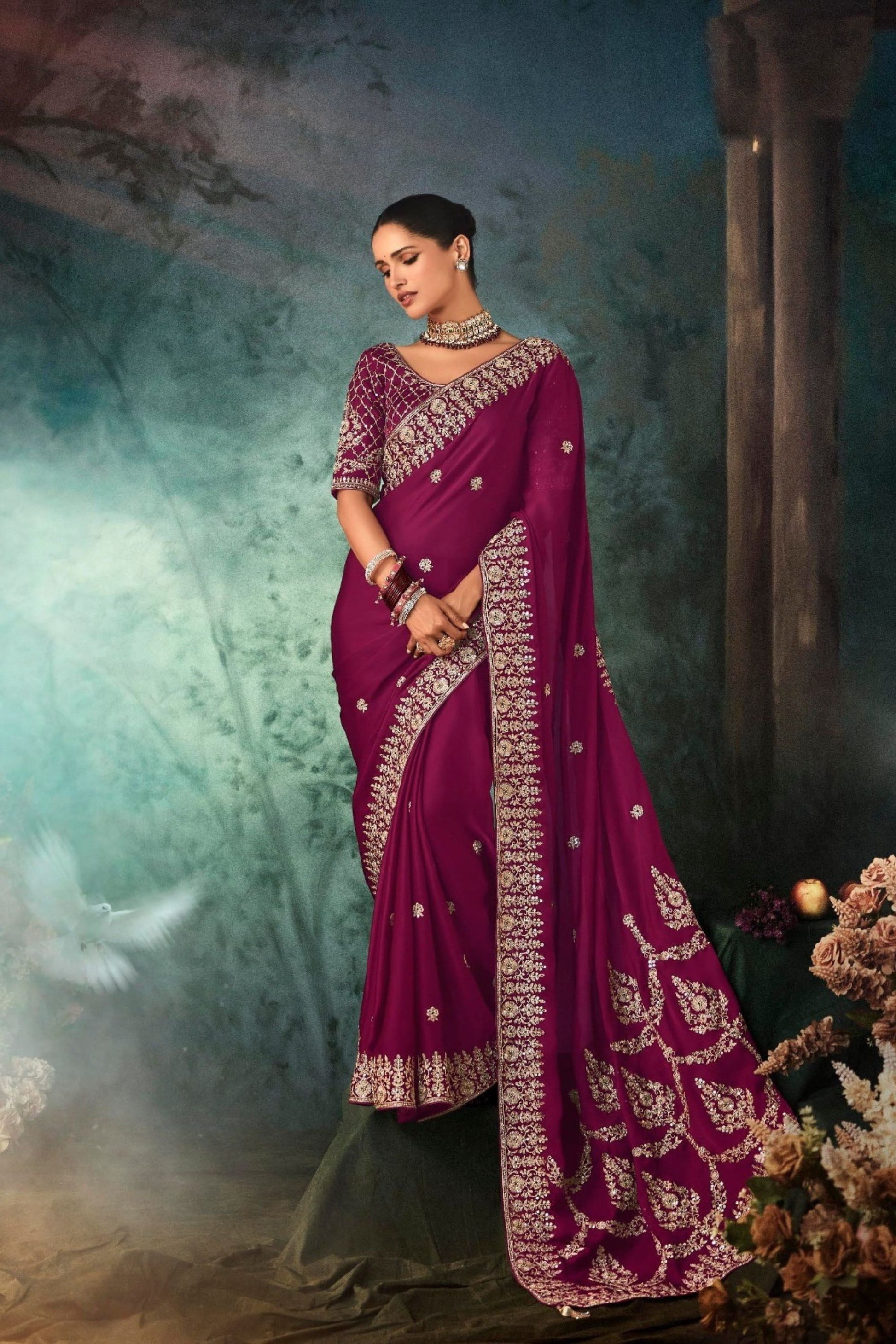 Designer Dark Pink Georgette Saree with Heavy Blouse Party Wear