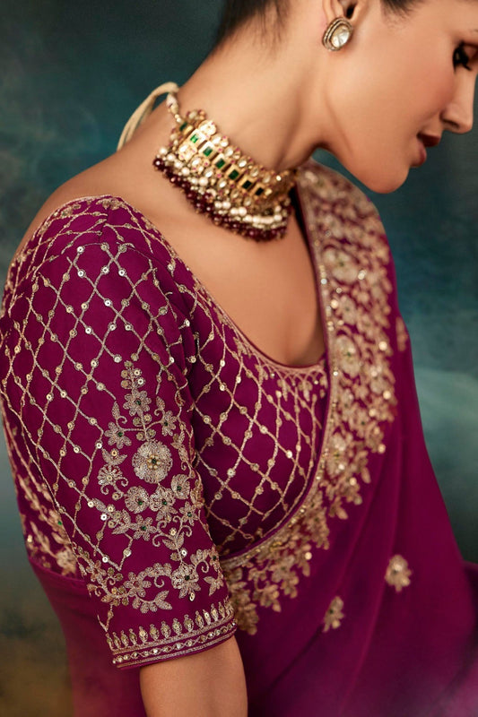 Designer Dark Pink Georgette Saree with Heavy Blouse Party Wear