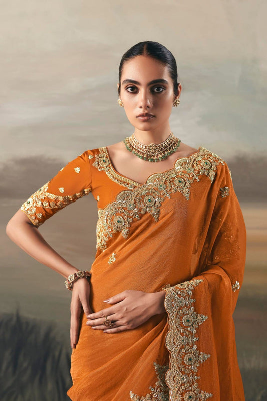 Orange Designer Embroidered Saree with Zari and Stone Work