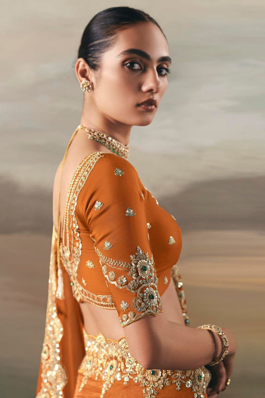 Orange Designer Embroidered Saree with Zari and Stone Work