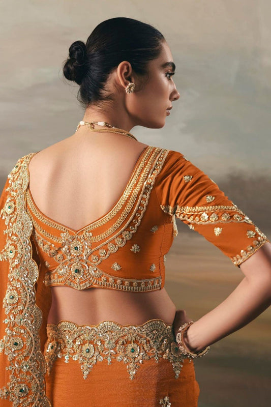 Orange Designer Embroidered Saree with Zari and Stone Work