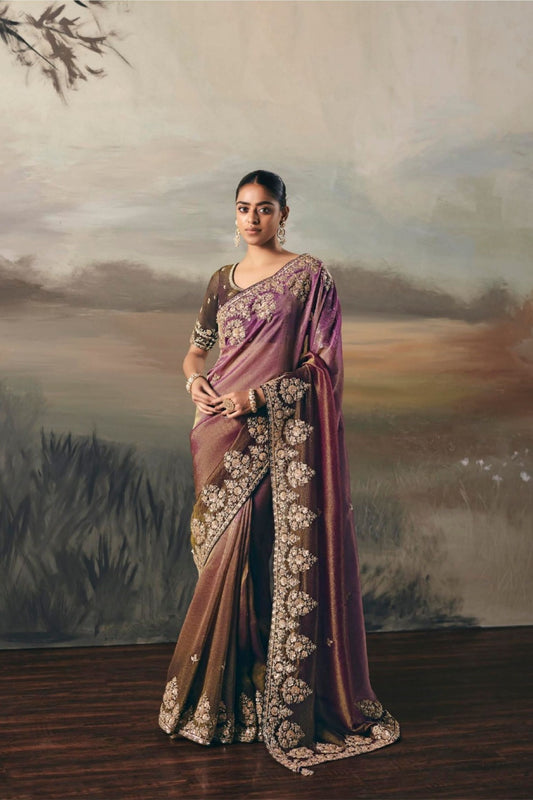 Designer Purple and Brown Embroidered Saree