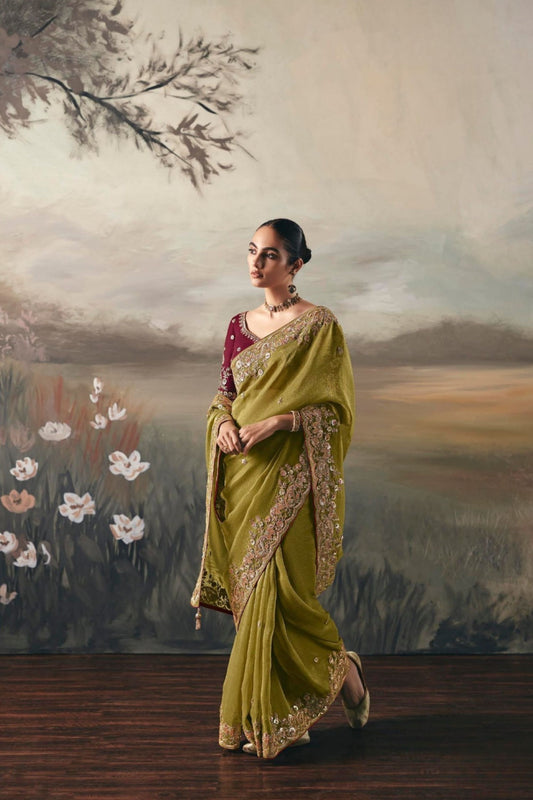 Olive Green Designer Saree with Maroon Blouse Party Wear Saree