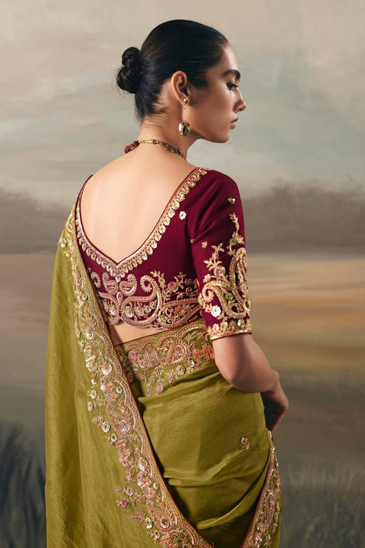 Olive Green Designer Saree with Maroon Blouse Party Wear Saree