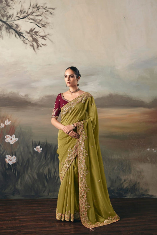 Olive Green Designer Saree with Maroon Blouse Party Wear Saree