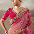 Pink Organza Saree Maroon Border Designer Blouse