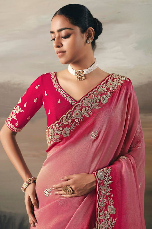 Pink Organza Saree Maroon Border Designer Blouse