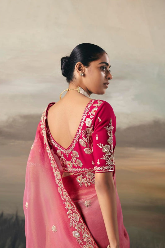 Pink Organza Saree Maroon Border Designer Blouse