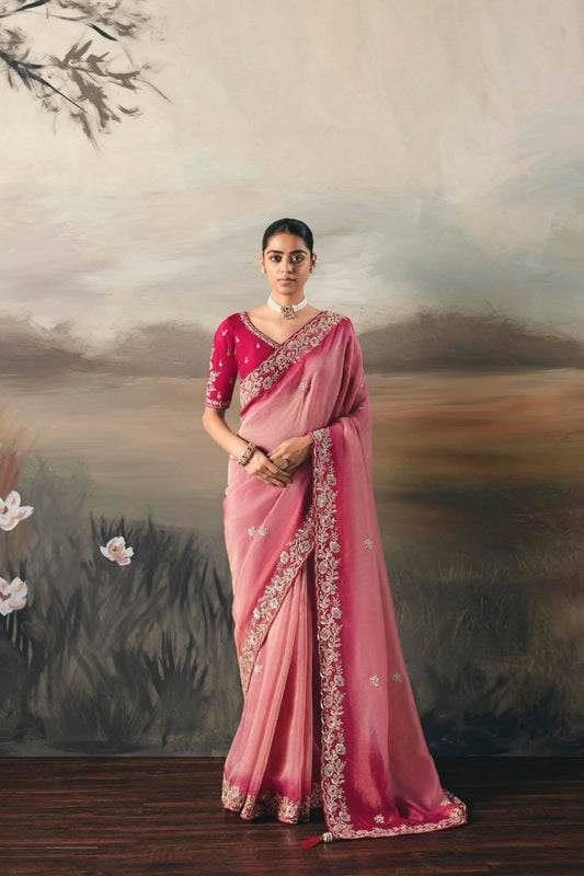 Pink Organza Saree Maroon Border Designer Blouse