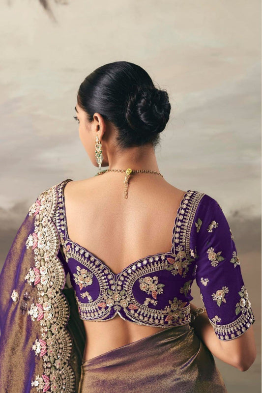 Purple and Bronze Organza Saree Heavy Embroidered Border Blouse