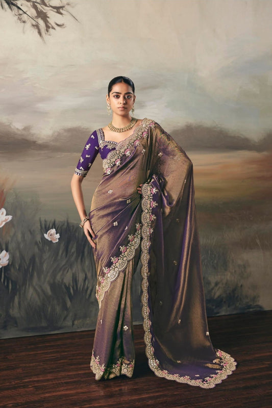 Purple and Bronze Organza Saree Heavy Embroidered Border Blouse