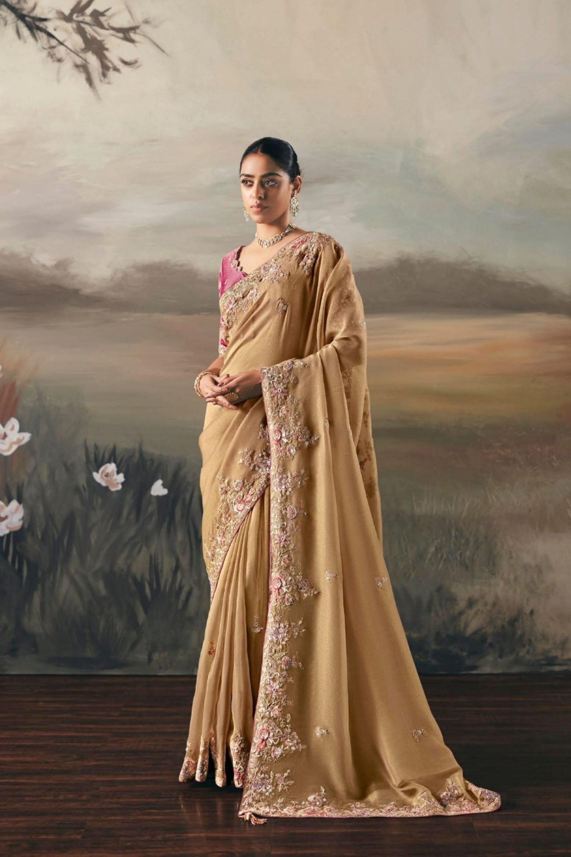 Golden Beige Organza Saree Pink Blouse Party Wear Saree