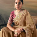 Golden Beige Organza Saree Pink Blouse Party Wear Saree