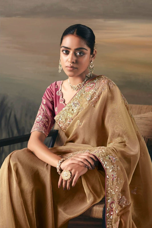Golden Beige Organza Saree Pink Blouse Party Wear Saree