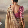 Golden Beige Organza Saree Pink Blouse Party Wear Saree