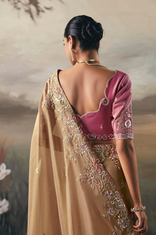 Golden Beige Organza Saree Pink Blouse Party Wear Saree