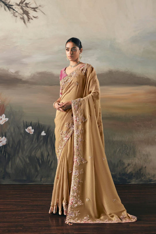 Golden Beige Organza Saree Pink Blouse Party Wear Saree