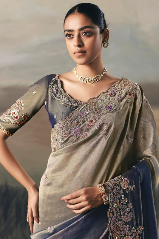 Grey Silk Embroidered Saree with Designer Blouse Party Wear Saree