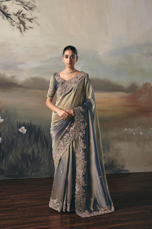 Grey Silk Embroidered Saree with Designer Blouse Party Wear Saree