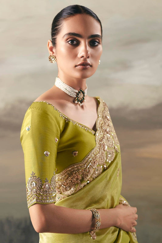 Light Yellow Embroidered Silk Saree with Zari Border and Blouse