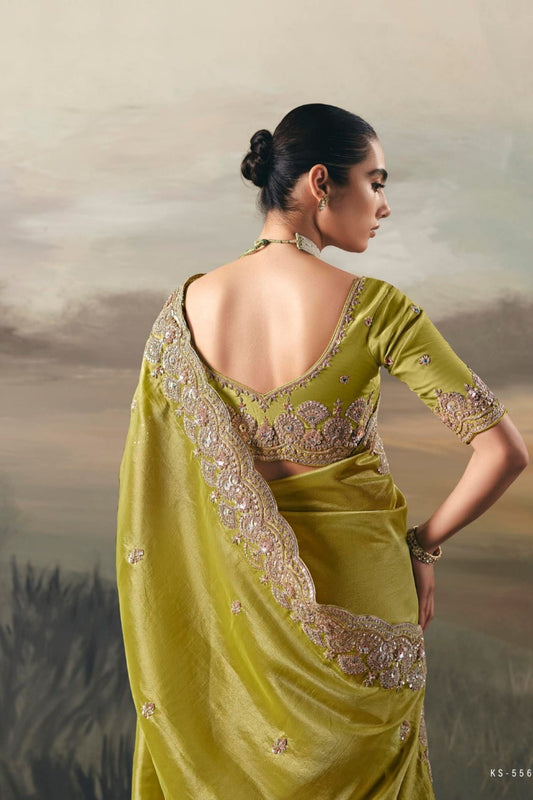Light Yellow Embroidered Silk Saree with Zari Border and Blouse