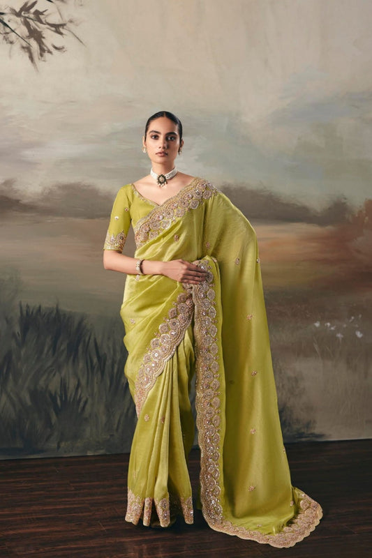 Light Yellow  Embroidered Silk Saree with Zari Border and Blouse