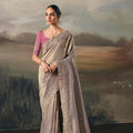 Elegant Beige Embroidered Silk Saree with Pink Blouse and Zari Border