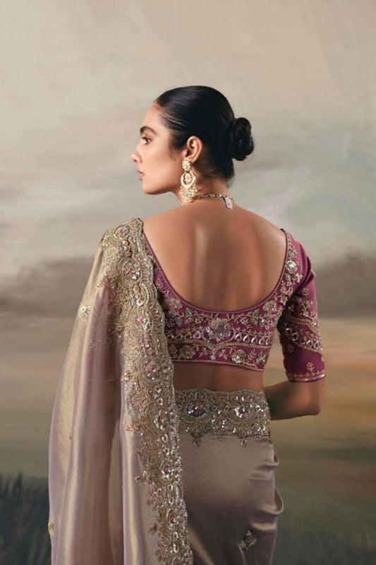 Elegant Beige Embroidered Silk Saree with Pink Blouse and Zari Border