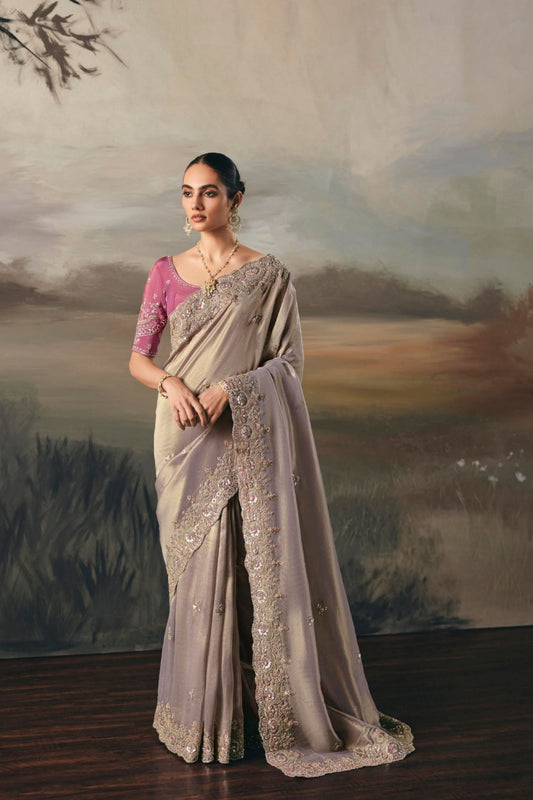Elegant Beige Embroidered Silk Saree with Pink Blouse and Zari Border