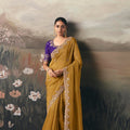 Designer Mustard Yellow Embroidered Silk Saree with Purple Blouse