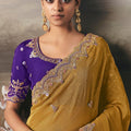 Designer Mustard Yellow Embroidered Silk Saree with Purple Blouse